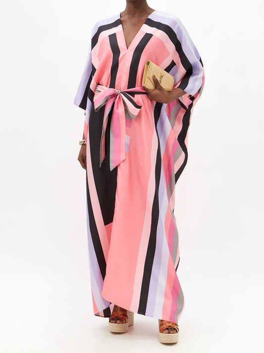 Multi Color Silk Crepe Kaftan With Belt