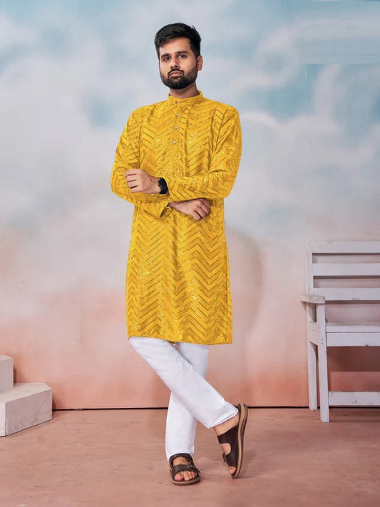 Heavy Rayon Chikan Work Kurta Pajama Combo For Men's