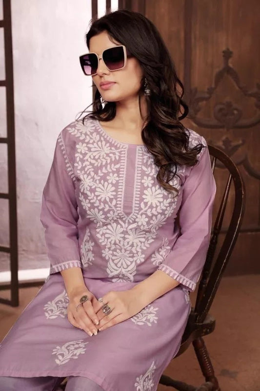 Heavy Cotton With Chikankari Embroidery Work Kurti Pant