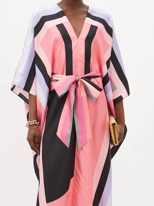 Multi Color Silk Crepe Kaftan With Belt