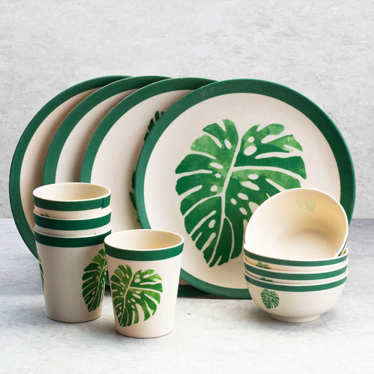 Bamboo Fibre Dinner Sets  | Set of 12 | Leaf Design, Wooden Design, Stonewash, Cement