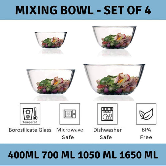 Round Glass Mixing Bowl | 400 ml, 700 ml, 1L & 1.6L | Set of 4