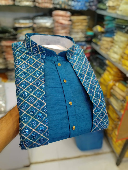 Fusing Art Silk Kurta Pajama With Embroidery Sequence Work Koti Set