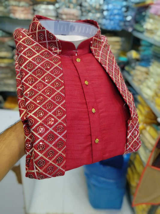 Fusing Art Silk Kurta Pajama With Embroidery Sequence Work Koti Set
