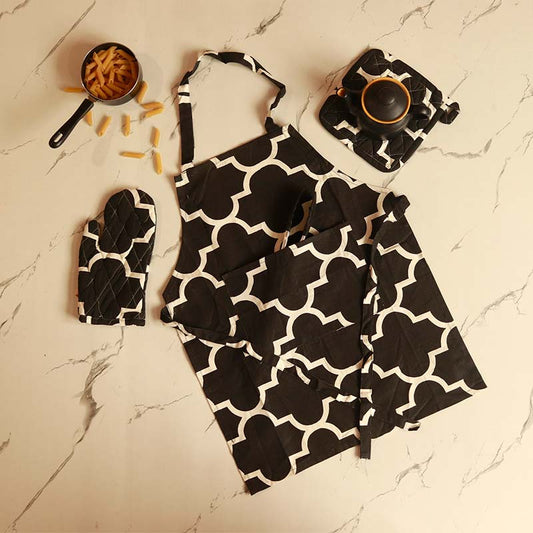 Abstract Black & White Kitchen Apron, Glove & Potholder Set