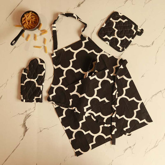 Abstract Black & White Kitchen Apron, Glove & Potholder Set