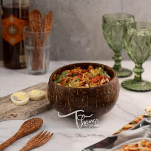 Artisan Jumbo Polished Coconut Bowl & Spoon & Fork Set | Set Of 3