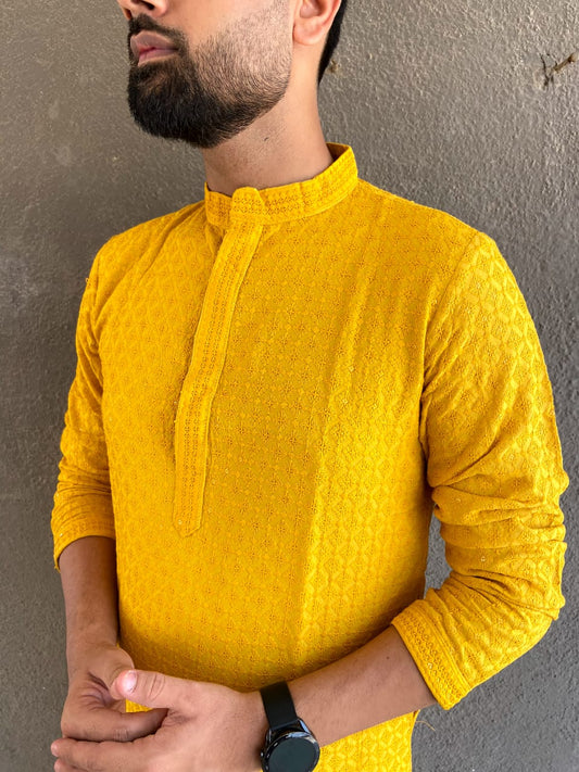 Heavy Rayon Chikan Work Kurta Pajama Set For Men's